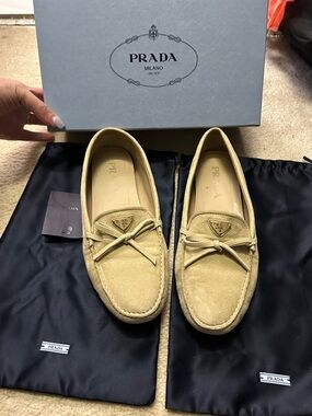 AUTHENTIC PRADA suede logo loafers.